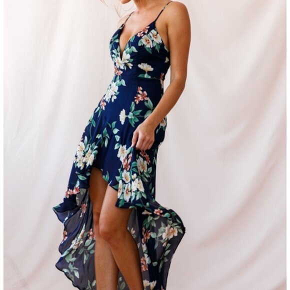 Selfie Leslie Imelda V neckline high low hem dress Floral print Navy blue SMALL - Picture 16 of 16